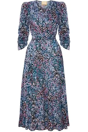 Swing Trinity Dunkelgrünes Midikleid mit Mehrlagigem Umschlag und Buntem Druck | Größe 38 | Ideal für Partys, Abendessen, Ausgehen mit Freunden