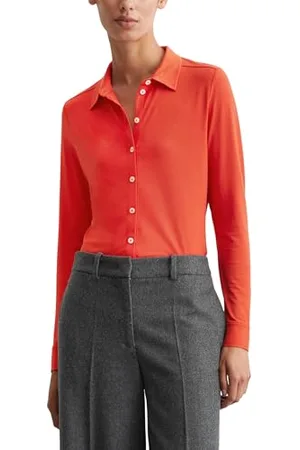 Marc O’ Polo Marc OߴPolo Damen Langarmshirt mit Kentkragen Regular Fit, Orange (Poppy Red), XXS