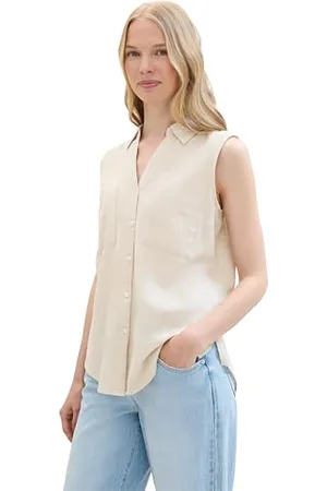 TOM TAILOR Damen Basic ärmellose Bluse mit Brusttaschen, summer beige, 46