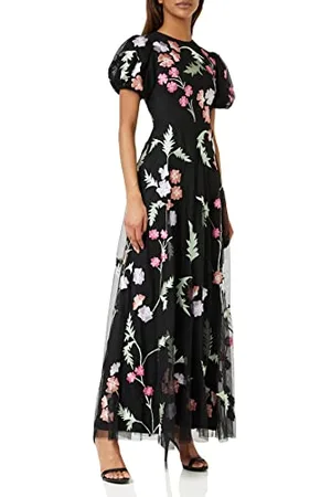 Maya Deluxe Damen Womens Maxi Ladies Floral Embroidered Open Back Puff Sleeves Dress for Wedding Guest Bridesmaid Prom Occasion Kleid, Black, 38