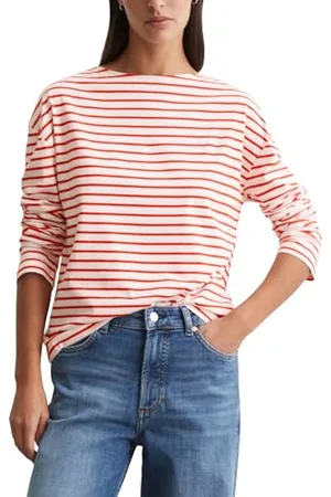 Marc O’ Polo Marc OߴPolo Denim Damen Langarmshirt mit U-Boot-Ausschnitt gestreift, Rot , XS