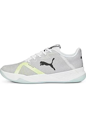 PUMA Unisex Accelerate Turbo II Handballschuhe Hallenturnschuh, White-Black-Fizzy Light-Nitro Blue, 42.5 EU