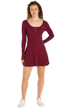 Tommy Hilfiger Damen Kleid Flare Dress Langarm, Rot (Valley Grape), XL