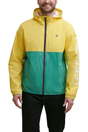 Tommy Hilfiger Leichte Herren-Regenjacke mit Kapuze, wasserabweisend, Pastellgelb/Grün Colorblock, M