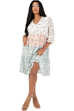 Lovedrobe Damen Womens Midi Ladies 3/4 Sleeve Lightweight Boho Print Embroidered Cut-Out Pom Detail V Neckline Dress, , 52 EU