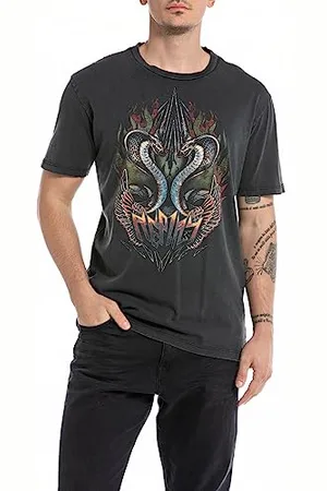 Replay Herren T-Shirt Kurzarm Rundhalsausschnitt Snake Print, (Schwarz), M