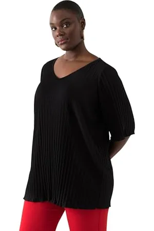 Ulla Popken Damen Plissee-Tunika mit V-Ausschnitt und Kurzarm Bluse, , 50-52