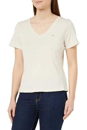Tommy Hilfiger Damen T-Shirt Kurzarm Tjw Slim Soft V Neck Tee V-Ausschnitt, Elfenbein (Newsprint), S