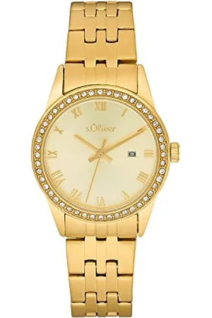 QS by s.Oliver Armbanduhr Damen Quarzuhr Analog, mit Edelstahl Armband, Gold, 5 bar Wasserdicht, Kommt in Uhren Geschenk Box, 2033564