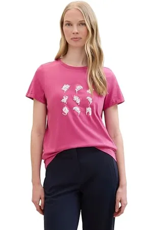 TOM TAILOR Damen Basic T-Shirt mit Blumen-Print, lush orchid, XL