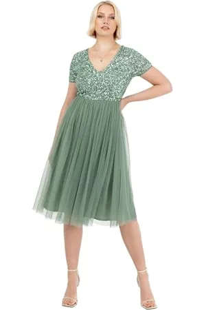 Maya Deluxe Damen Embellished Midi Evening Dress Women Ladies V Neckline with Short Sleeve for Prom Wedding Brautjungfernkleid, , 34