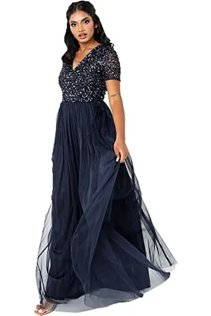 Maya Deluxe Damen Ballkleid Abendkleid V-Ausschnitt Maxi Länge Pailletten Kurze Ärmel Für Hochzeit Geburtstag Brautjungfer Bridesmaid Dress, , 42 EU