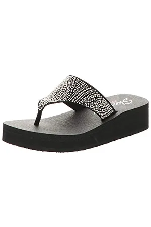 Skechers Damen Vinyasa Stone Candy Zehentrenner, Black Mitobuck/Smoke Rhinestone, 38 EU