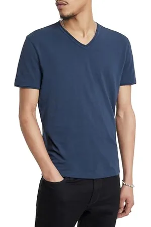 John Varvatos Herren Miles Short Sleeve Slub V-Neck with Cut Raw Edge T-Shirt, Geöltes Blau, XL