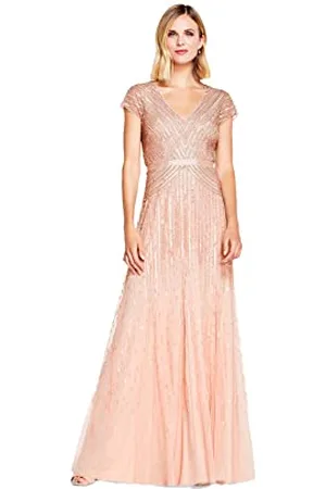 Adrianna Papell Damen Kleid Long Beads V-Neck mit Flügelärmeln und Bund - Pink - 42