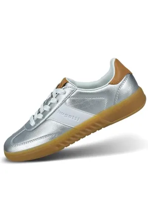 Bugatti Damen-Silber-Sneaker mit cognacbraunen Akzenten, haftenden Gummisohlen und gestreiften Rillen, Silber/Cognac, 42 EU