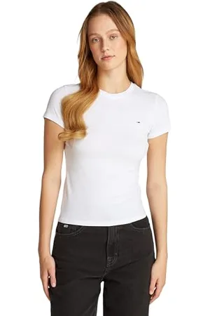 Tommy Hilfiger Damen T-Shirt Kurzarm Slim Rundhalsausschnitt, Weiß (White), M