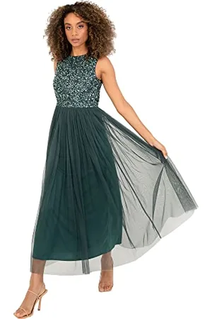 Maya Deluxe Vrouwen Midaxi Jurk Dames Mouwloze Pailletten Hoge Empire Taille Tule Versierd voor Bruiloft Gast Bal Bruidsmeisje, Bessen, 40