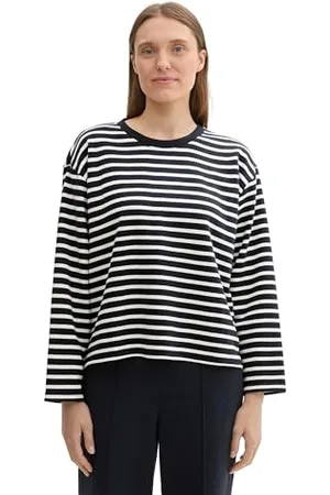 TOM TAILOR Damen 1044626 Sweatshirt mit Streifen, 36911-Navy White Stripe, XL