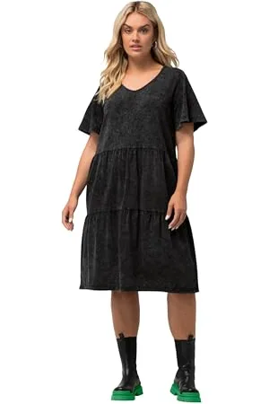 Ulla Popken Damen, große Größen, Jerseykleid, Jeansoptik, A-Linie, V-Ausschnitt, Halbarm