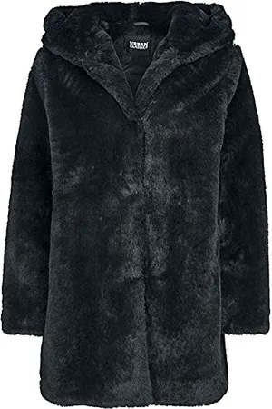 Urban classics Ladies Hooded Teddy Coat aus Fake Kaninchenfell, Damen Mantel mit Kapuze und Seitentaschen, black, 3XL