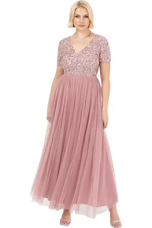 Maya Deluxe Damen-Maxikleid mit V-Ausschnitt, verziert, V-Ausschnitt, Kurze Ärmel, Empire-Taille, Abschlussball, Abschlussfeier, Brautjungfer, Hochzeitsgast, Rose, Größe 28, , 54