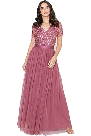 Maya Deluxe Damen Maxi Dress for Women Ladies Bridesmaid V-neck Plus Size Ball Gown Short Sleeves Long Ele Brautjungfernkleid, , 38 EU