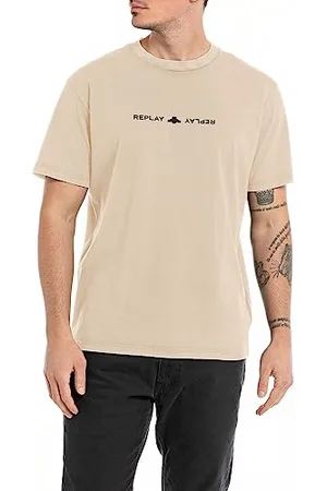 Replay Herren T-Shirt Kurzarm Rundhalsausschnitt mit Logo, (Beige), S
