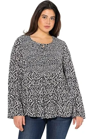 Ulla Popken Damen Bluse, Gesmokt, Rundhals, Ausgestellter Langarm Smockbluse Mit Weiten Ärmeln, , 46-48 EU