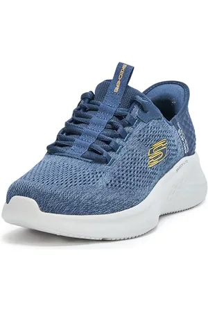 Skechers Herren Sneakers, Marineblaues Netzgewebe, gelber Rand, 42 EU
