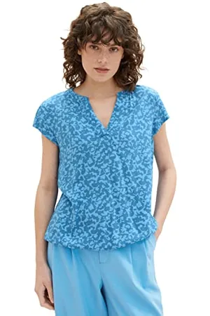 TOM TAILOR Damen Kurzarm-Bluse mit Muster , blue geo design, 32