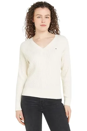 Tommy Hilfiger Damen Pullover Cable Sweater mit V-Ausschnitt, Elfenbein (Ivory Petal), L