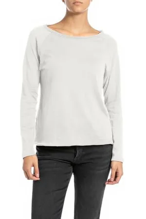 Replay Damen Langarmshirt mit U-Boot-Ausschnitt, Weiß (Butter White 412), L