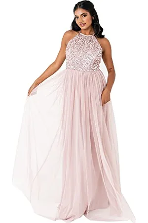 Maya Deluxe Damen Frosted Embellished Halter Neck Pink Maxi Bridesmaid Dress, , 36 EU (Herstellergröße: 8)
