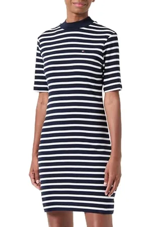 Tommy Hilfiger Women Slim Cody Mock-NK Dress WW0WW42918 Blue (Breton Desert Sky/Ecru) S