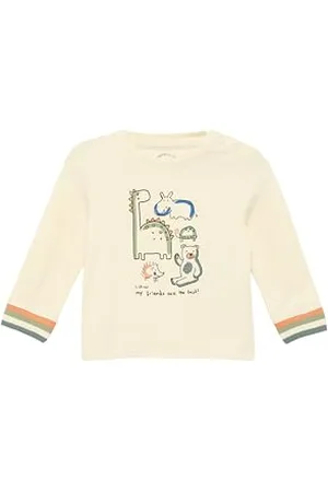 QS by s.Oliver Langarmshirt mit Cartoon-Dinosaurier-Muster und U-Ausschnitt für Jungen, Langarm, Reguläre Passform, Ivory, Größe 92