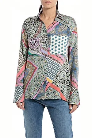 Replay Damen Bluse Langarm All Over Print, (Mehrfarbig), XXS