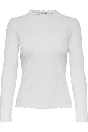 ONLY Damen Dünnes Langarm Shirt | Geripptes Stehkragen Basic Longsleeve ONLEMMA | Gewelltes Oberteil, Farben:Weiß, Größe:L