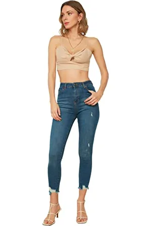 Trendyol Damen Zerrissene Detaillierte Hohe Taille Dünne Jeans Jeans Chino, , 44