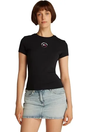Tommy Hilfiger Damen T-Shirt Kurzarm Essential Logo Tee Slim Fit, Schwarz (Black), L
