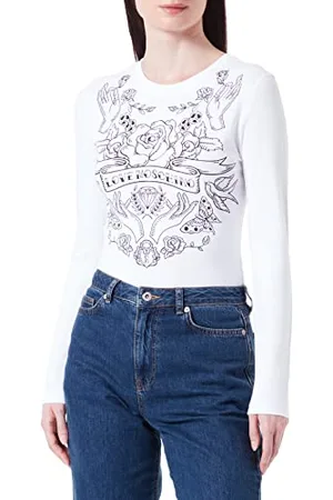 Moschino Damen Tight-fitting Long Sleeves With Rose And Hands Print With Transparent Rhinestones T Shirt, , 38 EU