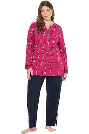 Ulla Popken Damen Pyjama, floraler Druck, V-Ausschnitt, Langarm Pyjamaset, , 48-50