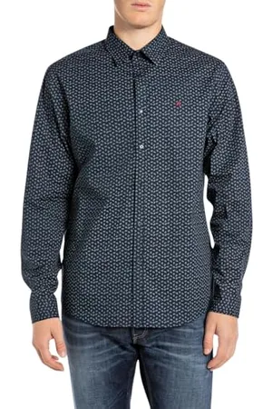 Replay Herren Hemd Langarm mit All-Over-Print, Blau (Dark Blue 010), XXL