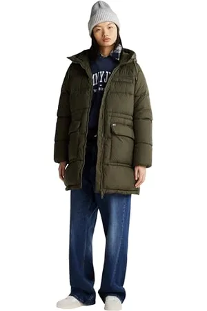 Tommy Hilfiger Damen Daunenmantel Midi Puffer mit Kapuze, (Fatigue Green), M