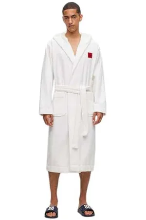 HUGO BOSS Herren Terry Gown Hooded Morgenmantel aus Baumwoll-Terry mit rotem Logo-Label, Weiß 100,S