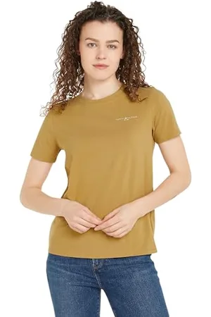 Tommy Hilfiger Damen T-Shirt Kurzarm Logo Crew Neck Regular Fit, Grün (Classic Khaki), XXL