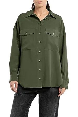 Replay Damen Bluse Langarm aus Leinen, (Grün), L