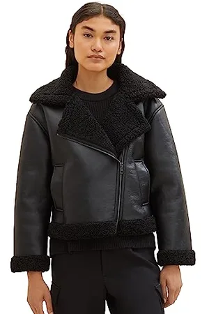 TOM TAILOR Damen 1038689 Sherling Lederjacke, 14482-deep Black, L
