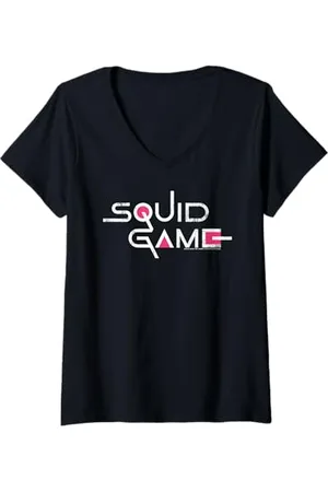 Squid Game Damen Classic Weißes Textlogo T-Shirt mit V-Ausschnitt