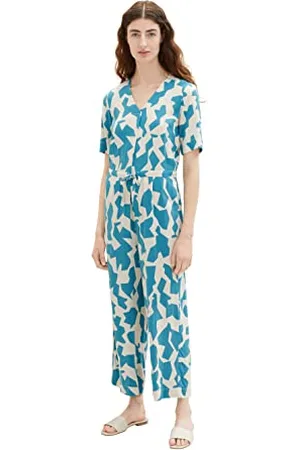 TOM TAILOR Damen 1036807 Jumpsuit Overall mit V-Ausschnitt & Kordel, 32146-Petrol Big Abstract Design, 36